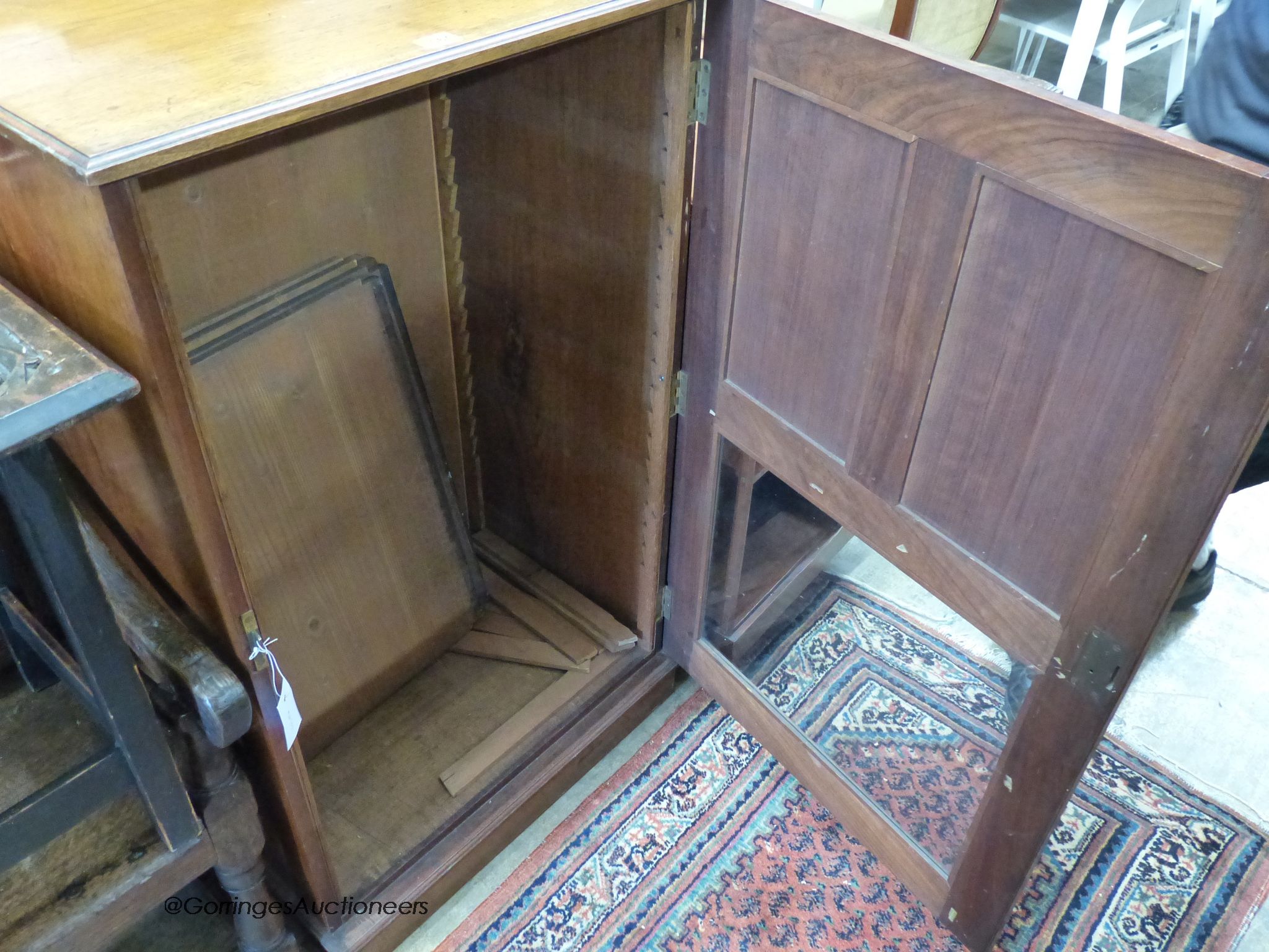 A late Victorian mahogany music cabinet, width 64cm, depth 45cm, height 117cm